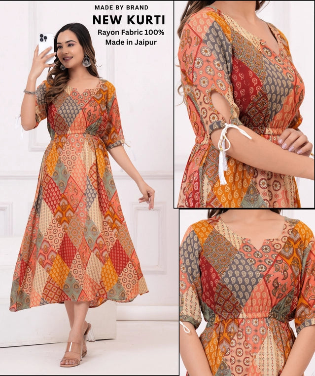 Rayon Printed Anarkali Kurti for Women (Multicolor, XS) - ANIBEY