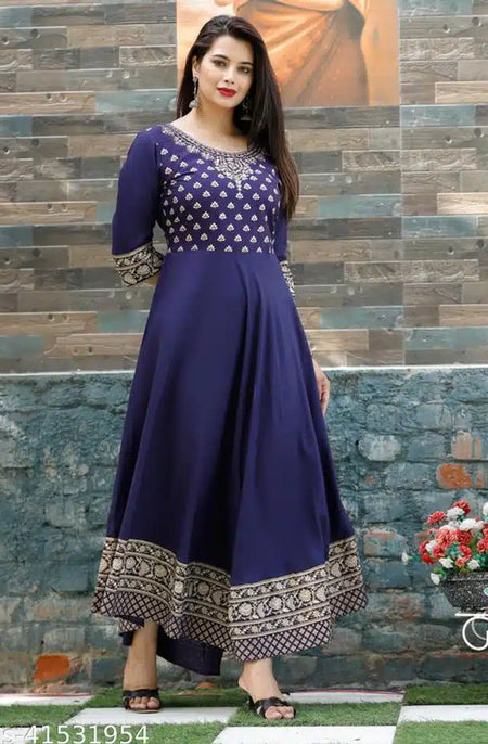 Rayon Printed Anarkali Kurti for Women (Blue, S) - ANIBEY