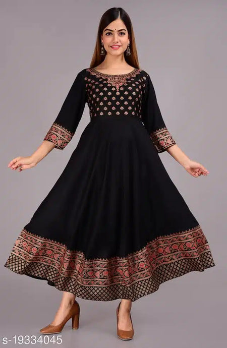 Rayon Printed Anarkali Kurti for Women (Black, S) - ANIBEY