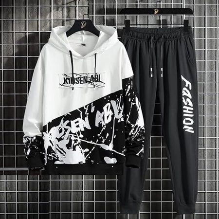 Fleece Printed Tracksuit for Men (Black & White, M) - ANIBEY