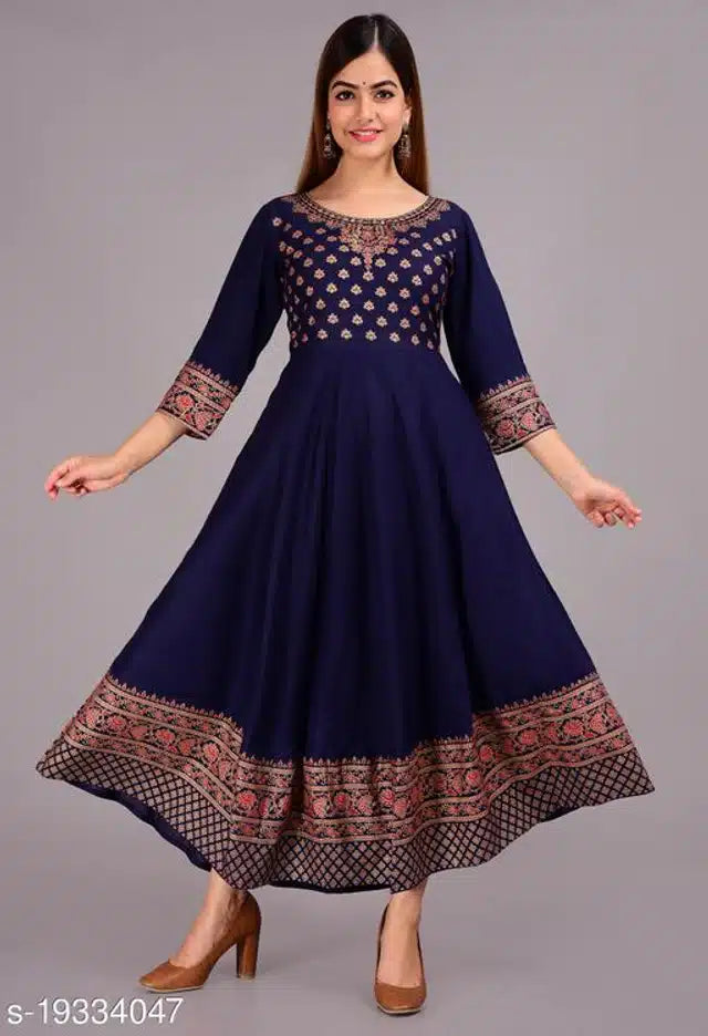 Rayon Printed Anarkali Kurti for Women (Blue, S) - ANIBEY