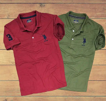 Polo Neck T-Shirt for Men (Pack of 2) (Red & Olive, M) - ANIBEY
