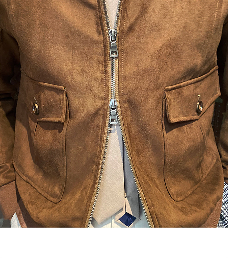 Suede Coffee Bomber Jacket For Men - ANIBEY
