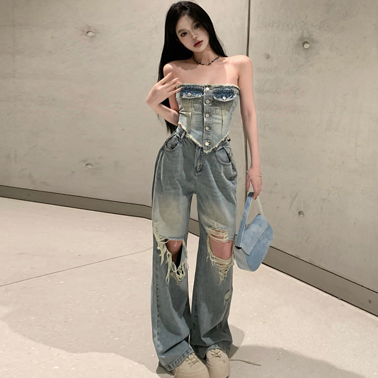Girl Slim Tube Top Ripped Jeans