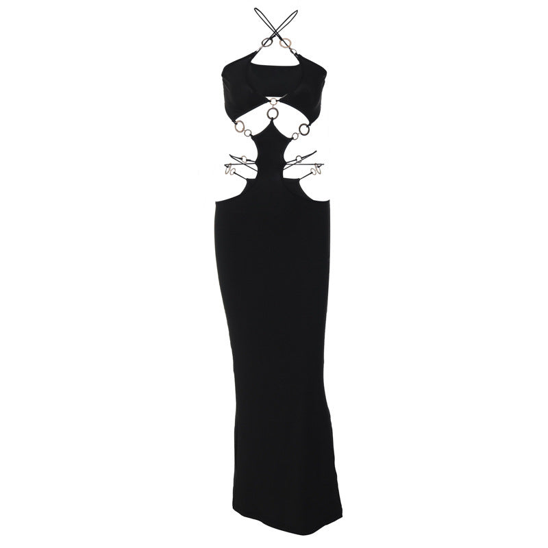 Women's New Sexy Low-cut Circle Splicing Hanging Neck Halter Backless Slit Dress - ANIBEY
